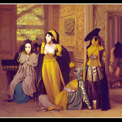 Prompt: the minions harem scene, by jean - leon gerome, otto pilny, adrien henri tanoux, giulio rosati, orientalism painting