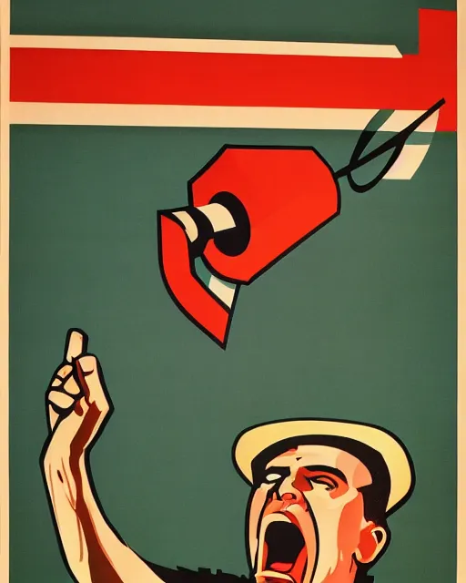 Image similar to soviet propaganda poster of an angry communist developer yelling at his computer