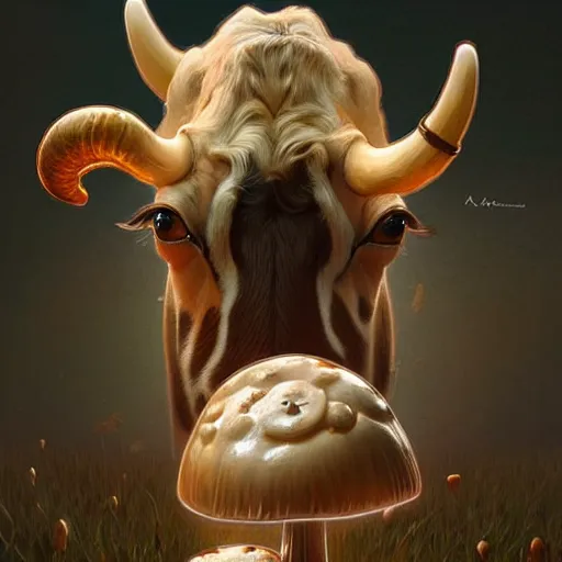 Image similar to long shot photo of a cow with mushrooms sprouting from it's back and top, highly detailed, digital painting, artstation, smooth, sharp focus, illustration, art by artgerm and greg rutkowski and alphonse mucha