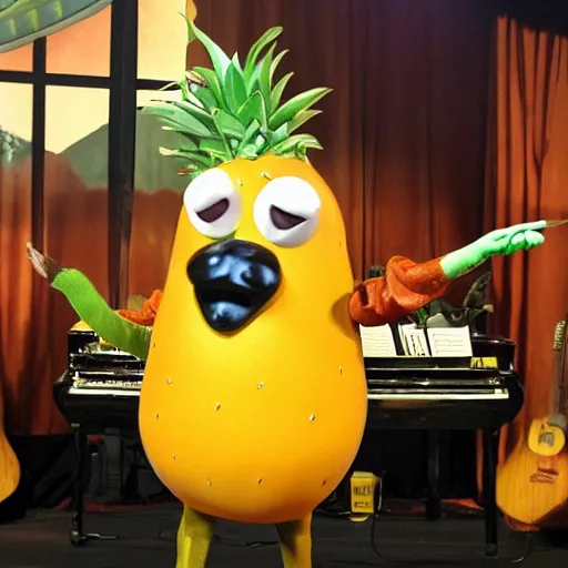 Prompt: anthropomorphic fruit quince, on stage conducting his dream band as legendary quincy jones,