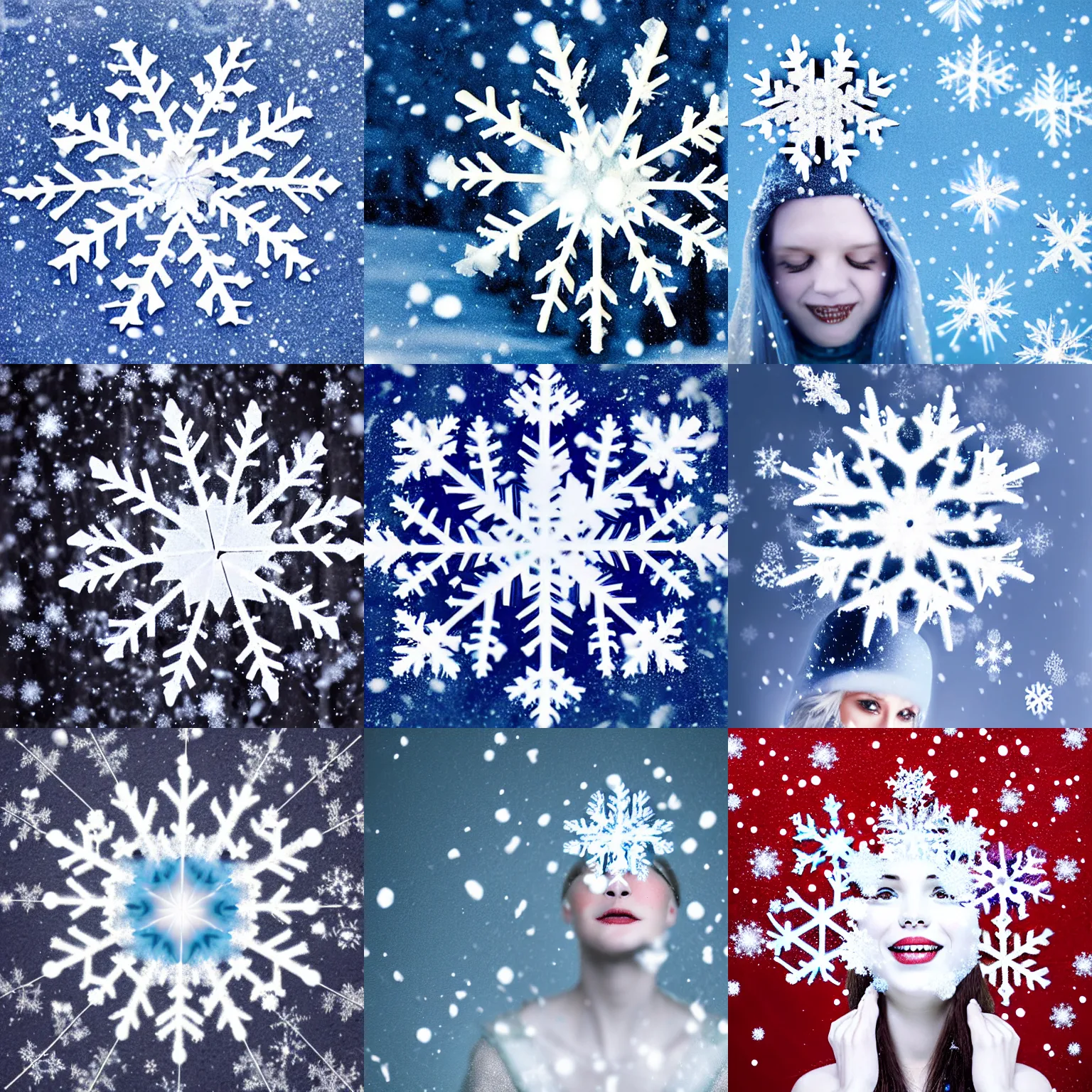 Prompt: surreal photography snowflake with embedded snow queen face
