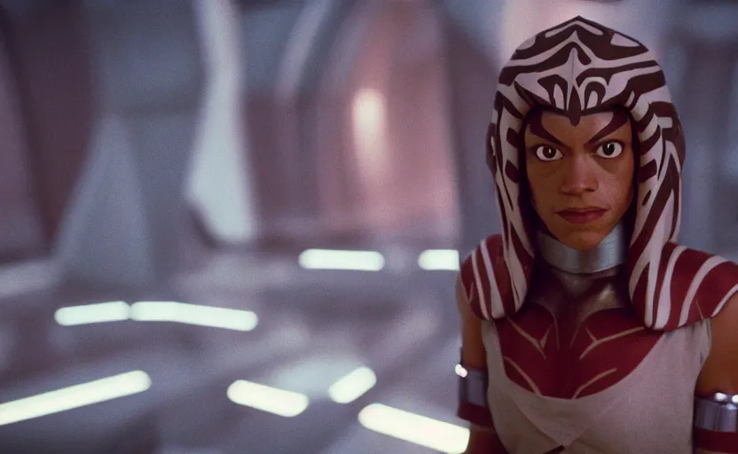 Image similar to cinematic still image wide shot screenshot portrait of ahsoka tano played by rosario dawson, scene from 1 9 8 0 s empire strikes back, 7 0 mm imax, moody iconic scene, beautiful detailed scene, kodak, directed by kubrick