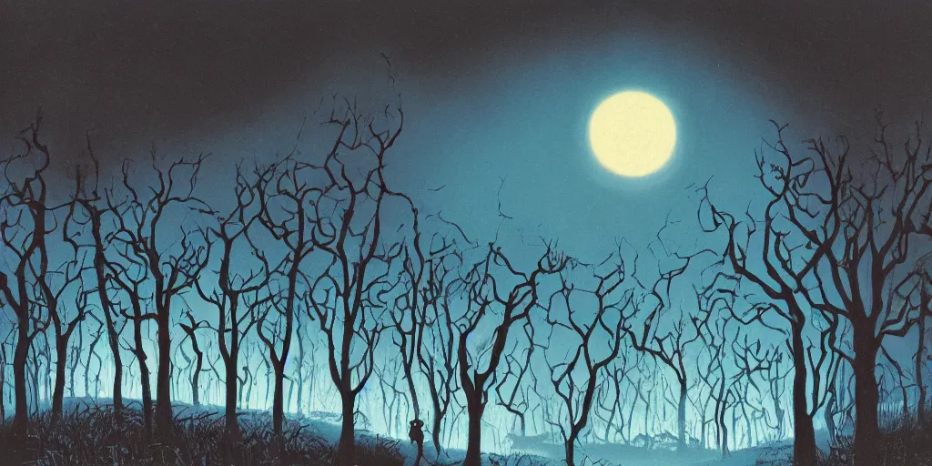 Image similar to a night landscape background, rob gonsavles, eyvind earle, nightmare before christmas