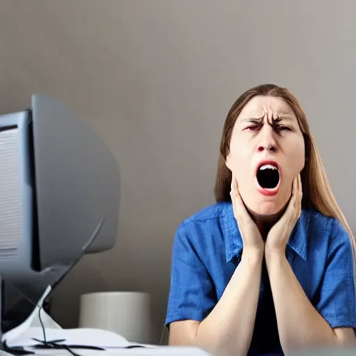 Prompt: A woman yells at her computer out of fear due to his anxiety about the current development of AI-generated graphics and the possibility of imminent job loss.