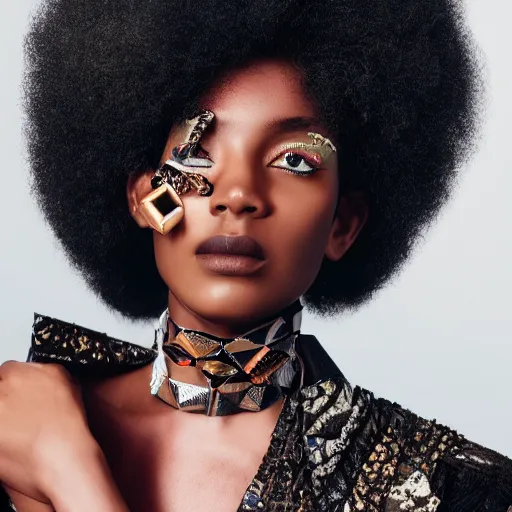 Prompt: close up of face of a black fashion model with afro, standing at black wall, official valentino editorial, highly detailed