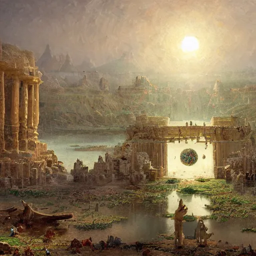 Image similar to detailed painting of a multiverse gateway in ancient mesopotamia in the middle of a sulphur lake, filigree ornaments, andreas achenbach, simon stalenhag