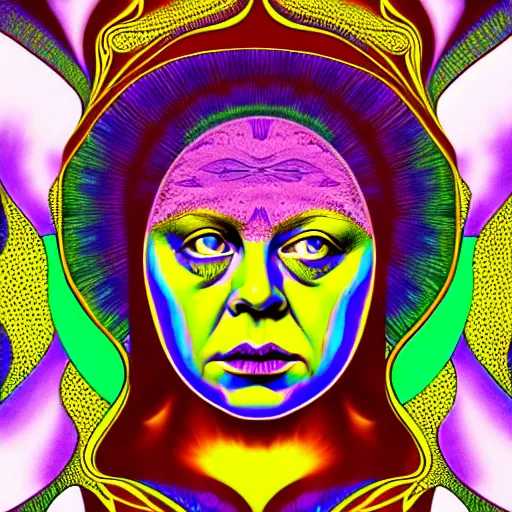 Image similar to an extremely psychedelic portrait of madame blavatsky, surreal, lsd, face, detailed, intricate, elegant, lithe, highly detailed, digital painting, artstation, concept art, smooth, sharp focus, illustration