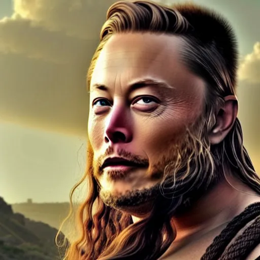 Prompt: elon musk as ragnar lothbrok in viking still from tv - series portrait tattooed face blue eyes close up looking in camera