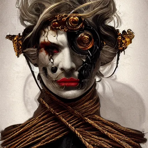 Image similar to portrait of a Shibari rope wrapped face and neck, headshot, insanely nice professional hair style, dramatic hair color, digital painting, of a old 15th century, old cyborg merchant, amber jewels, baroque, ornate clothing, scifi, realistic, hyperdetailed, chiaroscuro, concept art, art by Franz Hals and Jon Foster and Ayami Kojima and Amano and Karol Bak,