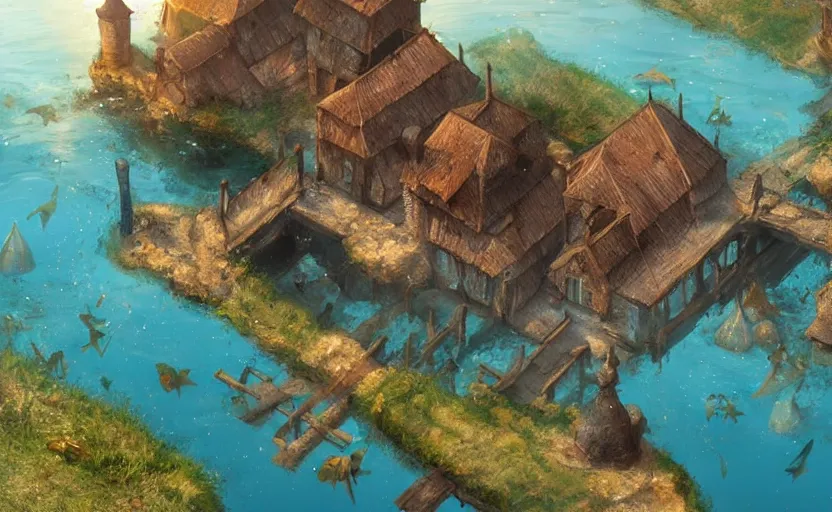 Prompt: medieval village submerged underwater, concept art, unreal engine, fantastic colors