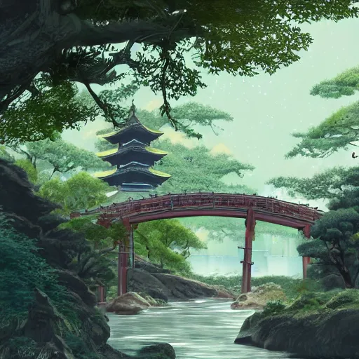 Image similar to ancient japanese landscape with two pagodas connected by a bridge, in front of a waterfall and surrounded by vegetation, digital painting, trending on artstation