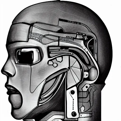 Prompt: giant robot-humanoid head, cross-section diagram