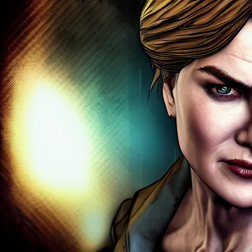 Image similar to nicole kidman portrait, borderlands, tales from the borderlands, the wolf among us, comic, cinematic lighting, studio quality, 8 k