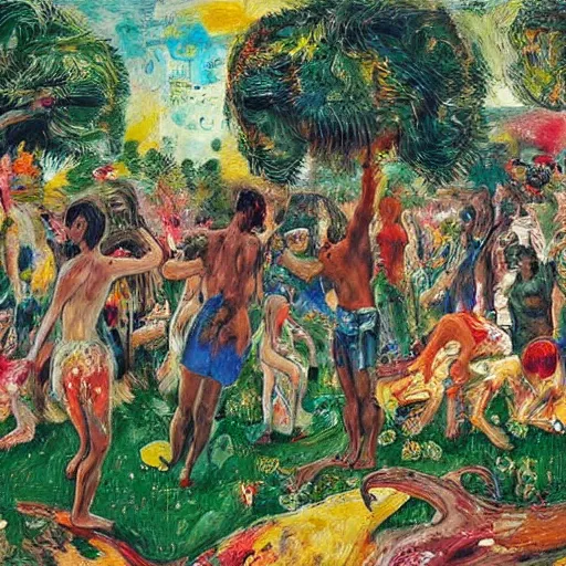 Prompt: 50 GTA NPC's dancing in the garden of eden, happy, painted by Asger Jorn, 8k, Peter Doig, abstract oil paint with thick brushstrokes of paint, ultra detailed, realistic, small spot of thick melting paint drips all over