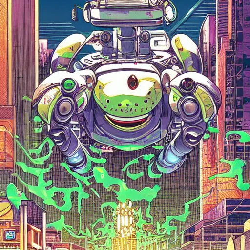 Image similar to huge frog robot devastating the city, by yoichi hatakenaka, masamune shirow, josan gonzales and dan mumford