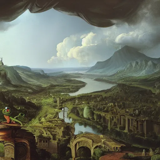 Image similar to a Happy frog by Ansel Adams and Bernardo Bellotto, oil on canvas, artstation, dramatic scenery, masterpiece, aesthetic