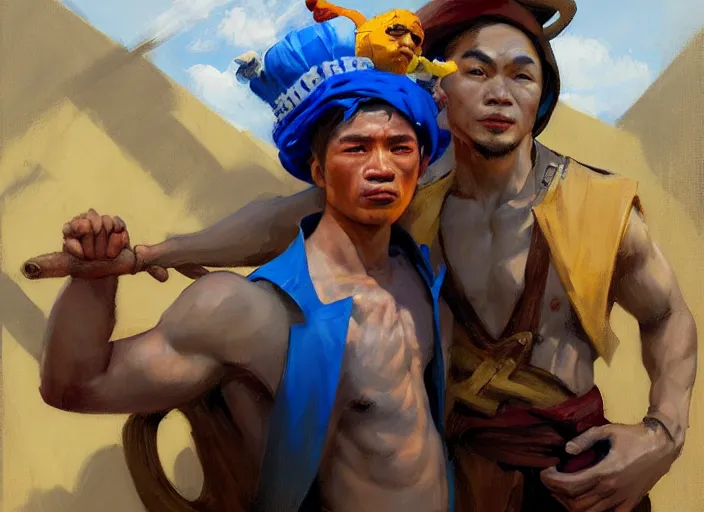 Prompt: greg manchess portrait of a filipino fighter wearing a jester hat victorious holding a man in a blue suit over his head, organic painting, sunny day, matte painting, bold shapes, hard edges, street art, trending on artstation, by huang guangjian, gil elvgren, ruan jia, randy vargas, greg rutkowski