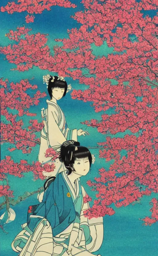 Image similar to by akio watanabe, manga art, colorful theatre tend with cherry tree, trading card front, kimono, sun in the background