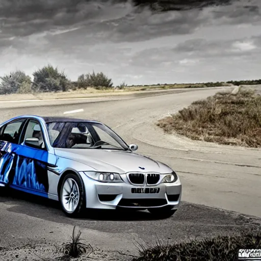 Image similar to BMW E90 as a Transformer in action scene