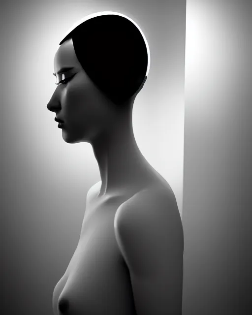 Image similar to black and white high quality photo of a beautiful female AI vegetal-cyborg looking into a sci-fi mirror, volumetric lighting, liminal space, brutalism, foggy, dreamy, hyperdetailed, bokeh, photorealistic, cinematic, masterpiece, elegant, dark, by Man Ray in the style of Horst P. Horst, octane render, 8K,