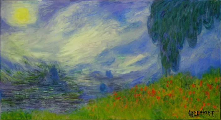 Image similar to lone wolf in the scottish highlands dreamy monet apocalyptic, acrylic painting