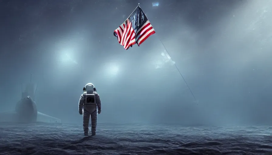 Image similar to astronaut holding a flag in an underwater desert. a submarine is visible in the distance. dark, concept art, cinematic, dramatic, atmospheric, 8 k, trending on artstation, blue, fish, low visibility, fog, ocean floor, christopher nolan, interstellar