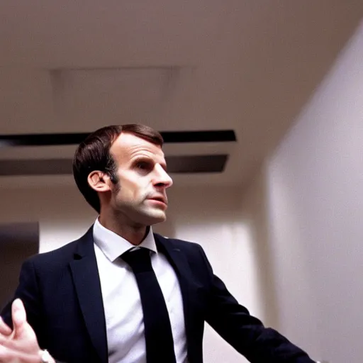 Prompt: Emmanuel Macron with a beard in American Psycho (1999)