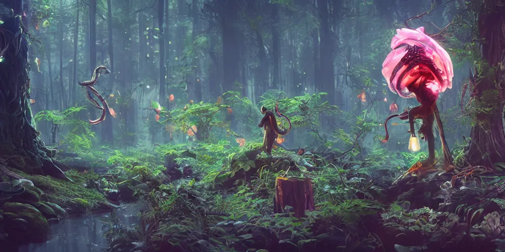 Image similar to 3 d scene of forest portal modelling. woodsman wearing a steampunk and neonpunk mechanical fluorescent mystical animal mask. betta fish, jellyfish phoenix, bio luminescent, plasma, ice, water, wind, creature, artwork by tooth wu and wlop and beeple and greg rutkowski, ambient occlusion, award winning photograph, epic cinematic shot