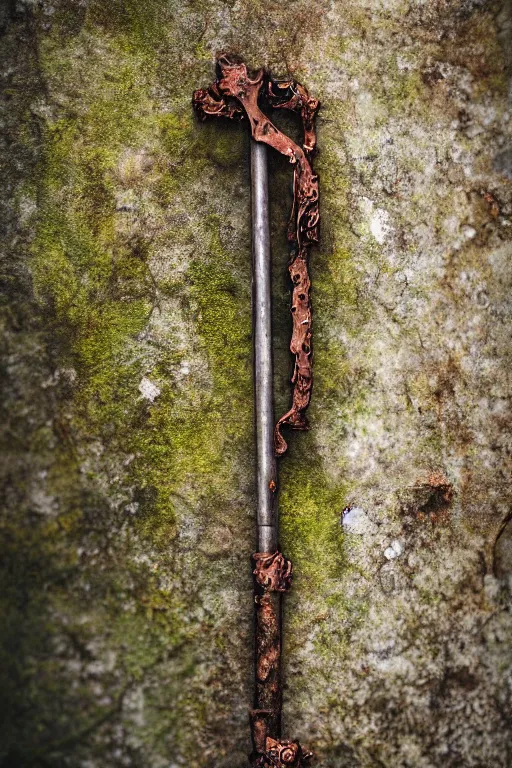 Prompt: a portrait of a rusty sword protruding from a rock, rust and corrosion, moss and vegetation, ancient forest, excalibur, close - up, intricate details, intricately detailed textures, warm lighting, vivid colors, smoke and mist, hyper realistic octane render, volumetric shading, depth of field, raytracing, 8 k,