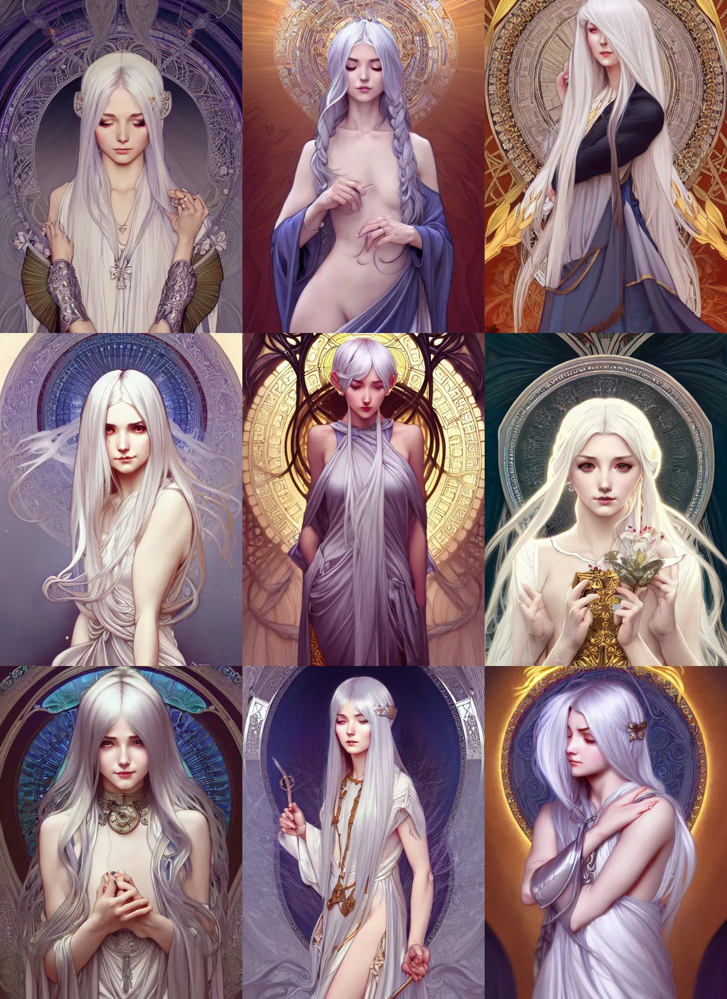 Prompt: A stunningly beautiful priestess with silver hair and silky dress, highly detailed, digital painting, smooth, sharp focus, illustration, art by artgerm and alphonse mucha, high definition digital art, in the style of Ross tran and ilya kuvshinov