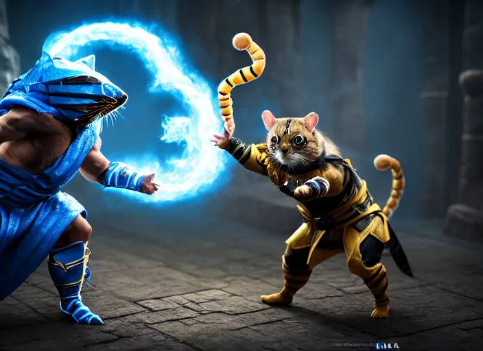 Image similar to hamster dressed as sub zero fights a cat dressed as scorpion in mortal kombat on the background of a laughing shao khan. fantasy magic style. highly detailed 8 k. intricate. lifelike. soft light. sony a 7 r iv 5 5 mm. unreal engine with nanite and path tracing