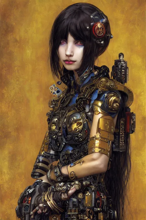 Prompt: portrait of beautiful young cute gothic maiden, cyberpunk, Warhammer, highly detailed, artstation, illustration, art by Gustav Klimt