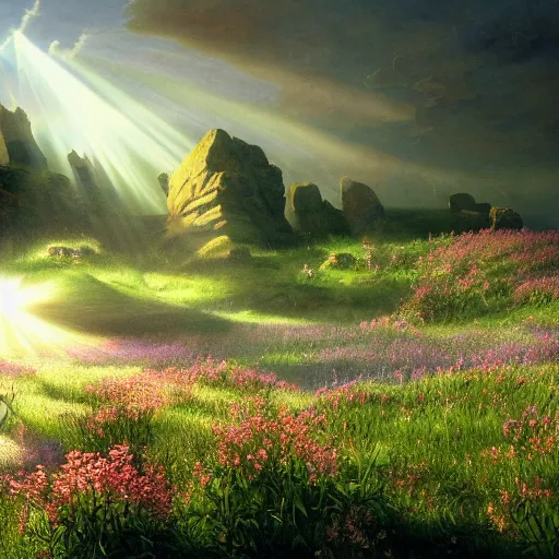 Image similar to rhythmic interval tectonic surfaces as resonant waves of harmonic organic mystical megastructure crystal lattice pyramid architectures exploding with light and god rays in a meadow full of wildflowers by albert bierstadt, by glen small, by giovanni battista piranesi, photorealistic, god rays, octane render, depth of field, volumetric light, volumetric fog, holy spirit