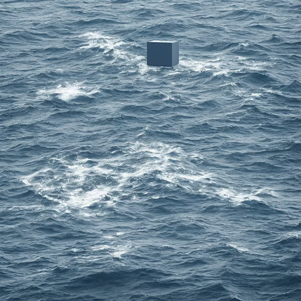 Prompt: a cube in the middle of the sea with images of a tumultuous sea on its sides. in the style of Richard Serra
