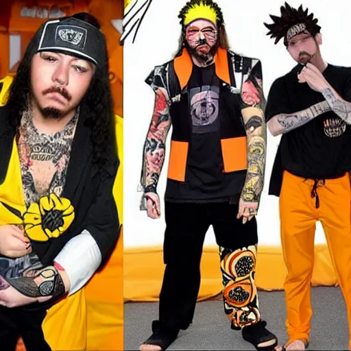 Image similar to post Malone cosplaying as Naruto, incredible outfit, high fashion,