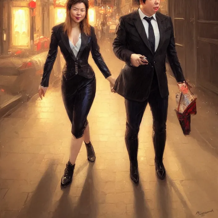 Image similar to portrait of michael mcintyre leaving a bar holding a singing waitress, elegant, real life skin, intricate artwork, high detailed, artstation, concept art, smooth, sharp focus, art by artgerm and greg rutkowski