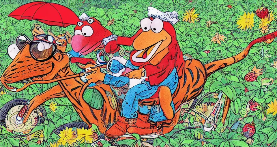 Prompt: gonzo from the muppets riding a tiger in the middle of a strawberry field in the rain, style of a comic book. illustration, 9 0 s, print