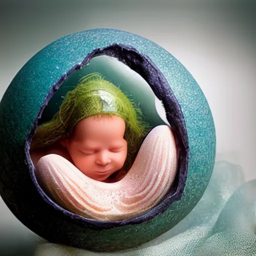 Prompt: baby mermaid hatching out of an egg, realistic photography, high detailed