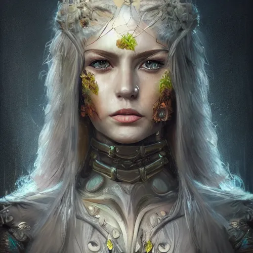 Prompt: character concept art portrait of fantasy female warrior, symmetrical face, beautiful face, shining eyes, crystals, covered in plants, realistic oil painting, baroque, renaissance painting, dramatic, cinematic light, trending on artstation, rule of thirds, highly detailed