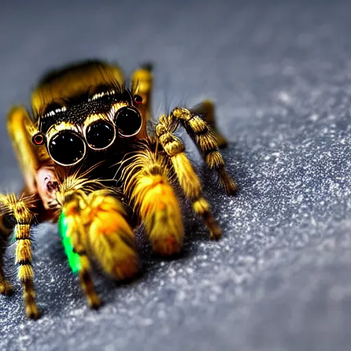 Prompt: a jumping spider using a shrunk computer keyboard, by pixar, macro lens, iridescent, style plate