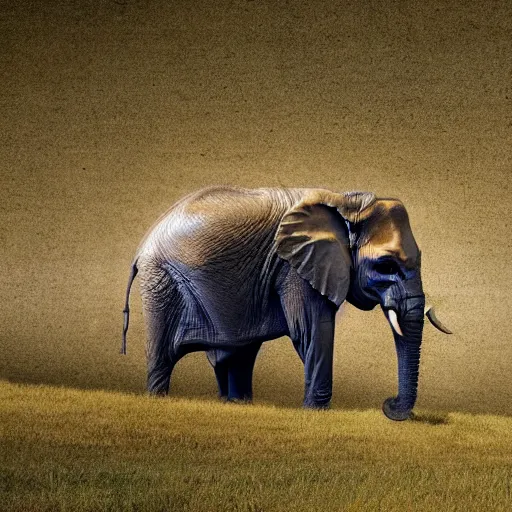 Image similar to a highly detailed panoramic photo by annie leibowitz of an elephant in the distance. the elephant has a staircase as a trunk, 8 k, super resolution