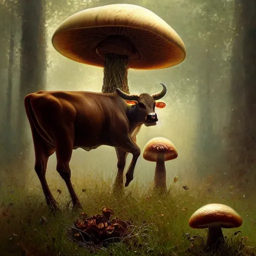 Image similar to photo of a many mushrooms sprouting from a cow's back. highly detailed, digital painting, artstation, smooth, sharp focus, masterpiece, illustration, art by greg rutkowski and alphonse mucha