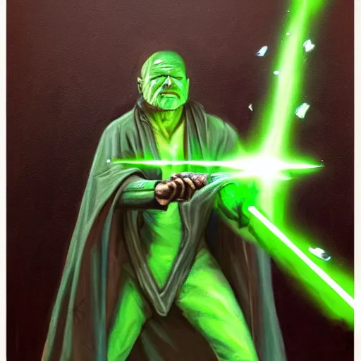 Prompt: A man in robes wielding a green laser sword painting, portrait, trending on artstation