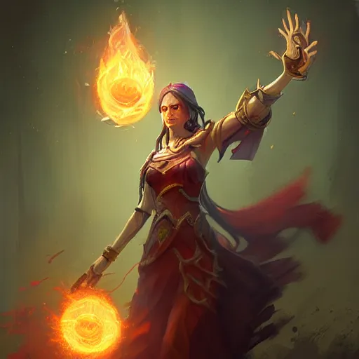 Prompt: The sorceress casting a fireball, colaboration of Hearthstone and Greg Rutkowski for Hearthstone