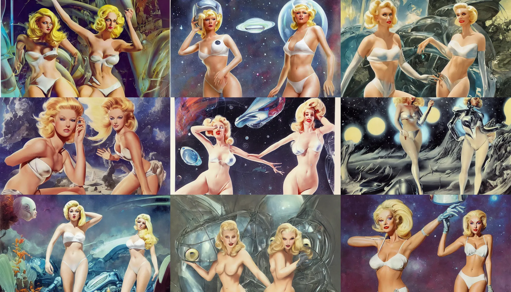 Prompt: A mixed media painting of a very beautiful blonde woman walking through an alien environment, elegant, aesthetic!!! symmetrical face and eyes, piercing gaze, eighties pinup style, photorealistic, curvy, model, futuristic white-space-bikini, 60's cartoon-glass-helmet, by Frank Frazetta, Boris Vallejo, Donato Giancola, Beeple, Greg Rutkowski, Christian MacNevin, epic fantasy character art, full length, high fantasy, prometheus, CGsociety, exquisite detail, post-processing, masterpiece, cinematic