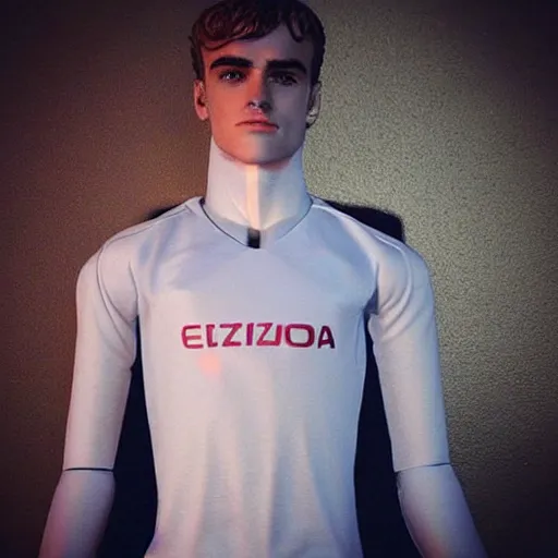 Image similar to “ a realistic detailed photo of a guy who is an attractive humanoid who is half robot and half humanoid, who is a male android, soccer player antoine griezmann, shiny skin, posing like a statue, blank stare, on the bed, on display ”