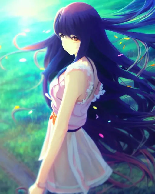 Image similar to anime style, vivid, expressive, full body, 4 k, painting, a cute magical girl with a long wavy black hair, side shot, stunning, realistic light and shadow effects, centered, simple background, studio ghibly makoto shinkai yuji yamaguchi