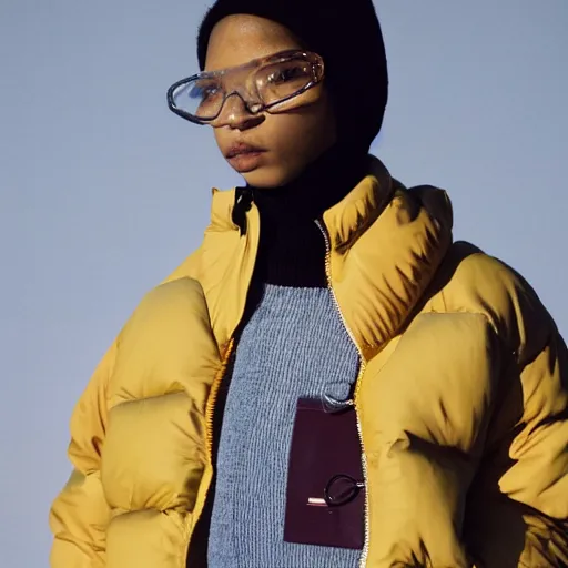 Prompt: realistic photoshooting for a new acne studio lookbook, color film photography, close up, model is wearing a puffer jacket, photo of a woman, photo in style of tyler mitchell, 3 5 mm, vetements, balenciaga, commes des garcon