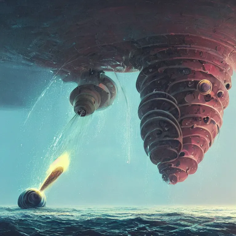 Image similar to mechanical nautilus robotic dripping wet emerging from a the ocean blast off, sci - fi concept art, by john harris, by simon stalenhag, stunning, award winning