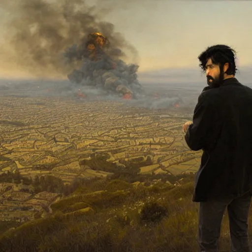 Image similar to a man with black hair and beard, wearing a black jacket and jeans, looking at a burning village in the distance, highly detailed painting by donato giancola and bayard wu, 8 k, digital art